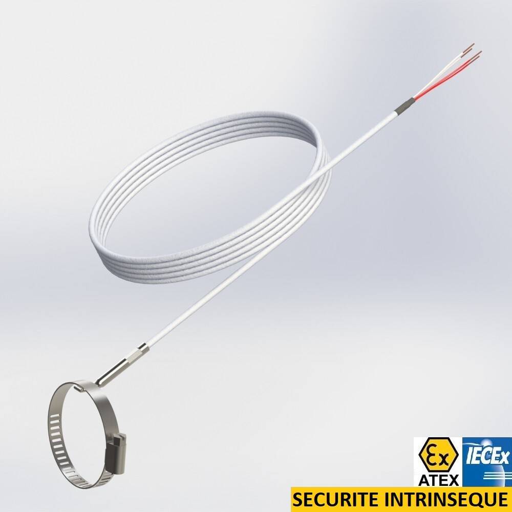 Protecteur rigide avec collier réglable pour fixation sur tuyauterie prolongé par un câble