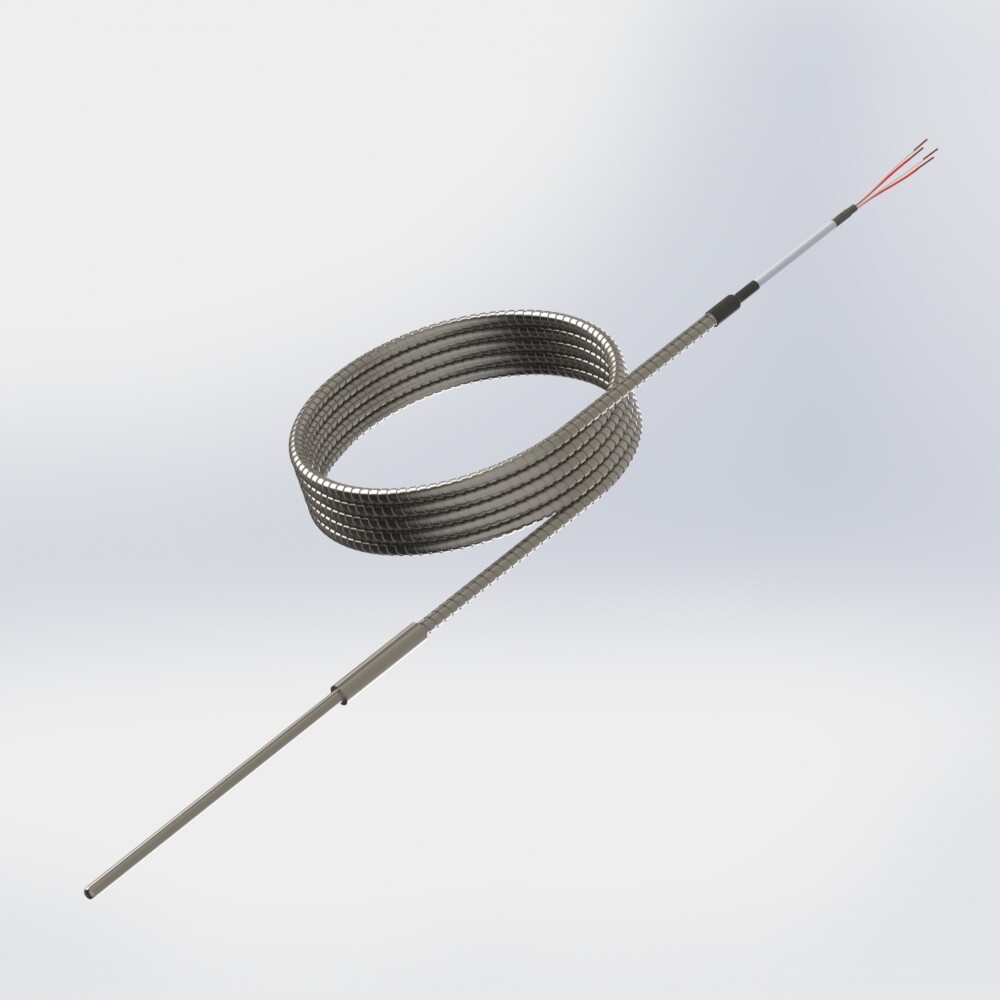 resistance thermometer pot seal with rigid protector and cable under stainless steel hose