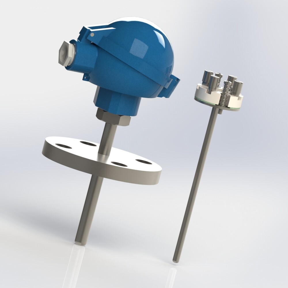 resistance thermometer with protector extension and flange