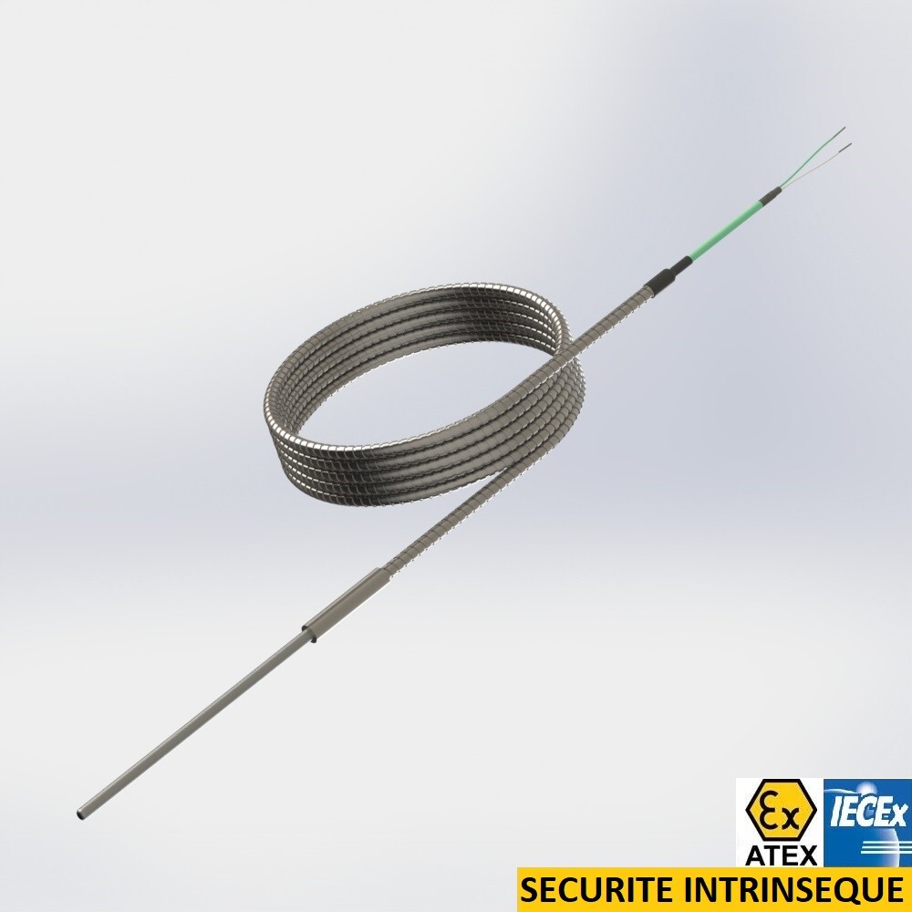 thermocouple pot seal with flexible mineral insulated thermocouple and cable under stainless steel hose