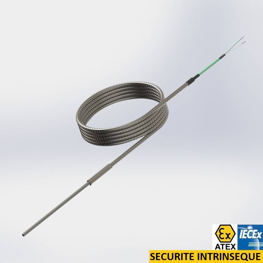 Pot seal with flexible mineral insulated thermocouple and cable under stainless steel hose