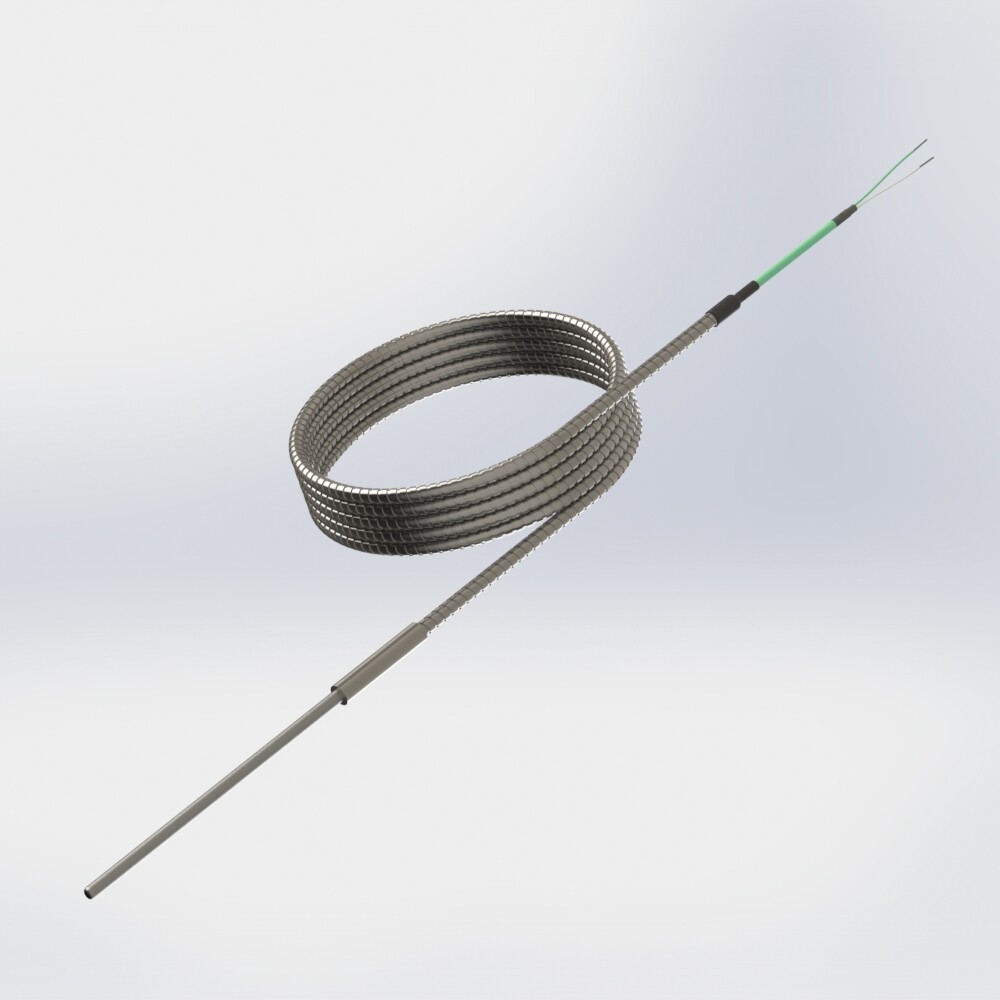 thermocouple pot seal with flexible mineral insulated thermocouple and cable under stainless steel hose
