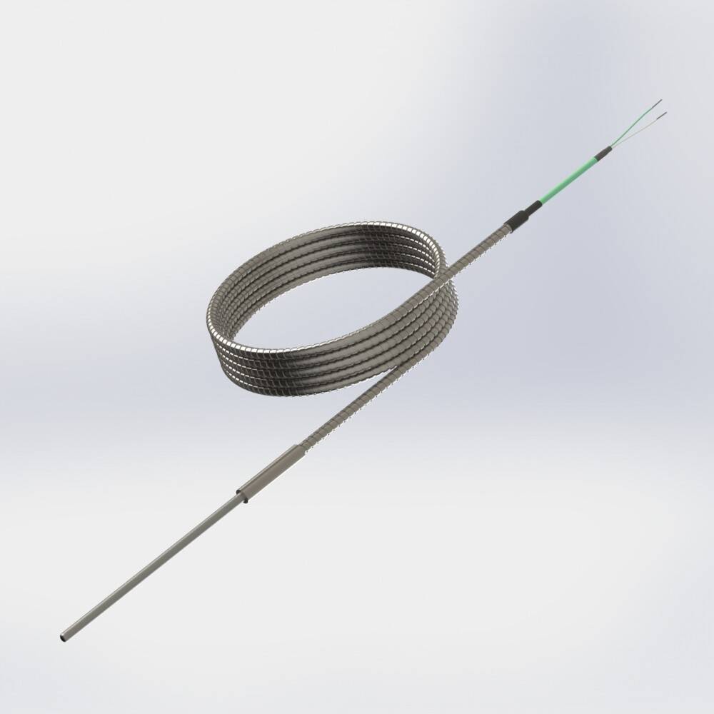 Pot seal with flexible mineral insulated thermocouple and cable under stainless steel hose